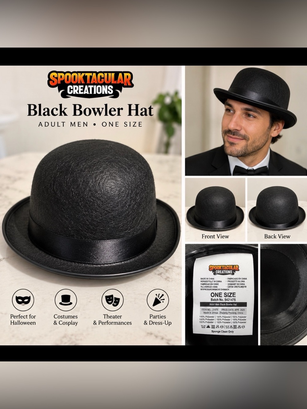 Spooktacular Creations Adult Men Black Bowler Hat – One Size